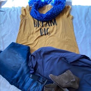 Mustard yellow “Dream Big” Torrid T-shirt.